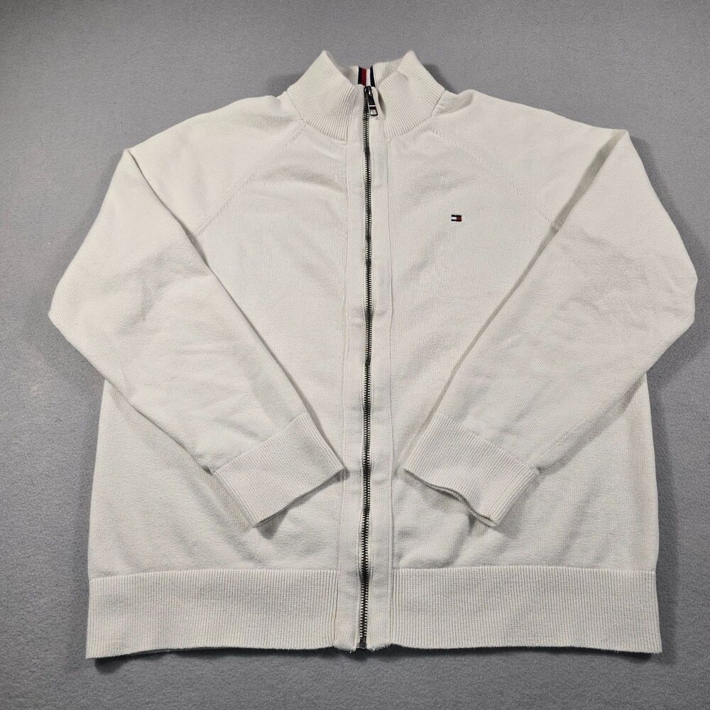Tommy Hilfiger Men's Large White Full Zip Knit Sweater 100% Cotton Flag Logo